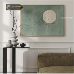 Tranh Mặt Trời Chim Xanh Nhật Bản Wabi Sabi Boho Minimalist Tối Giản Trừu Tượng Đơn Dọc Treo Tường Tráng Gương / Canvas Cao Cấp