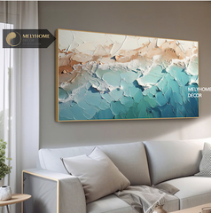 Tranh Đơn Ngang Trừu Tượng Xanh Dương Sóng Biển In Phẳng Giả vẽ 3D Tối Giản Minimalist Wabi sabi Treo Tường Tráng gương trang trí phòng khách sạn, phòng ngủ