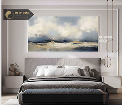 Tranh Đơn Ngang Trừu Tượng Bầu Trời Sông Nước Phong Cảnh Be Xanh Tối Giản Minimalist Wabi sabi Treo Tường Tráng gương trang trí phòng khách sạn, phòng ngủ