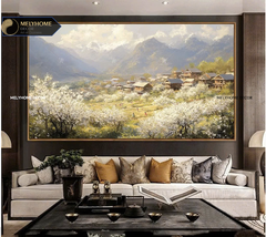 Tranh Đơn Ngang Trừu Tượng Đồi Hoa Mận Trắng Núi Rừng Tây Bắc Hà Giang Sapa Mộc Châu Việt Nam Du Lịch In kiểu phong cách Sơn Dầu Treo Tường Tráng gương Trang trí phòng khách sạn nhà hàng