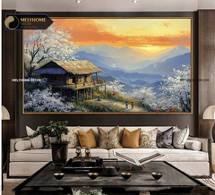 Tranh Đơn Ngang Trừu Tượng Chiều Hoàng Hôn Nhà Sàn Đồi Hoa Mận Núi Rừng Tây Bắc Hà Giang Sapa Mộc Châu Việt Nam Du Lịch In kiểu phong cách Sơn Dầu Treo Tường Tráng gương Trang trí phòng khách sạn nhà hàng