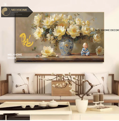 Tranh Đơn Ngang Trừu Tượng Hoa Sen Vàng Thư Pháp Chữ Phúc Treo Tường Tráng gương Trang trí phòng khách sạn nhà hàng