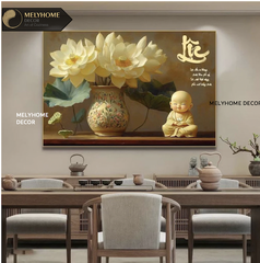 Tranh Hoa Sen Vàng Chú Tiểu Thư Pháp Chữ Lộc Đơn Dọc Treo Tường Tráng Gương / Canvas Cao Cấp Trang trí