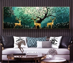 Tranh treo tường đơn ngang canvas Tráng gương- Hươu Nai Tài Lộc tỷ lệ 1:3 -1