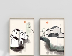 Bộ 2 tranh treo tường canvas Tráng gương trắng đen phong cảnh- 1