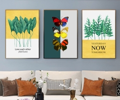 Bộ 3 tranh treo tường canvas Tráng gương cao cấp Hoa lá nhiệt đới phong cách Bắc Âu Tropical -7