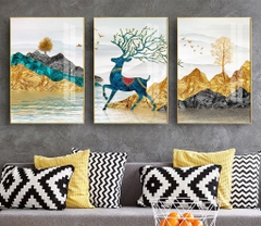 Bộ 3 tranh treo tường canvas Tráng gương cao cấp phong thuỷ Hươu Nai Tài Lộc-8