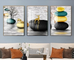 Bộ 3 tranh treo tường canvas Tráng gương cao cấp phong thuỷ Đá cuội Hươu Nai Tài Lộc-9