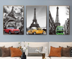 Bộ 3 tranh treo tường canvas Tráng gương cao cấp Thành phố Pari Tháp Eiffef Siêu xe Pháp Châu Âu 2