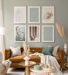 Bộ 6 Tranh Treo Tường Tráng gương/Canvas Xanh Lam Trắng Boho Minimalism Trừu Tượng Cô Gái Phong Cảnh Hoa