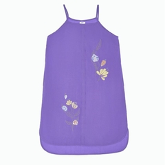 Đầm rayon màu dày thêu, 2 dây, xẻ tà
