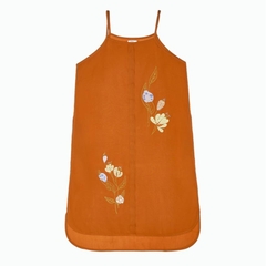 Đầm rayon màu dày thêu, 2 dây, xẻ tà