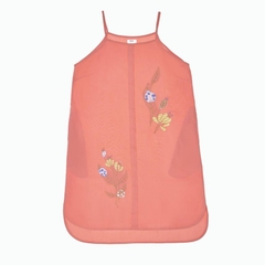 Đầm rayon màu dày thêu, 2 dây, xẻ tà