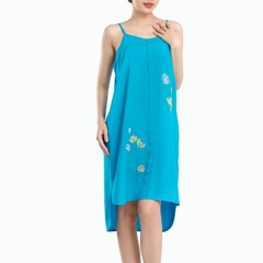 Đầm rayon màu dày thêu, 2 dây, xẻ tà