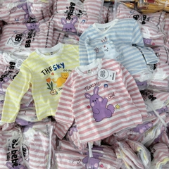 SET 3 ÁO PHÔNG GIẤY DÀI TAY KẺ HỒNG XANH VÀNG CHO BÉ