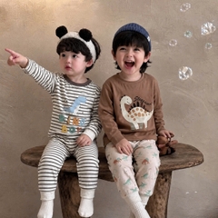 SET 3 BỘ DÀI TAY KHỦNG LONG KẺ XÁM NÂU CHO BÉ