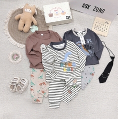 SET 3 BỘ DÀI TAY KHỦNG LONG KẺ XÁM NÂU CHO BÉ