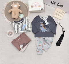 SET 3 BỘ DÀI TAY KHỦNG LONG KẺ XÁM NÂU CHO BÉ
