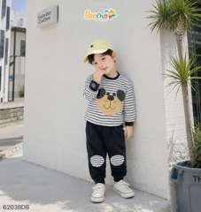 BỘ COTTON KẺ NGANG DÀI TAY IN HÌNH CHÚ CHÓ ĐÁP GỐI CHO BÉ