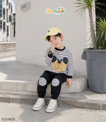 BỘ COTTON KẺ NGANG DÀI TAY IN HÌNH CHÚ CHÓ ĐÁP GỐI CHO BÉ