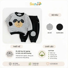 BỘ COTTON KẺ NGANG DÀI TAY IN HÌNH CHÚ CHÓ ĐÁP GỐI CHO BÉ