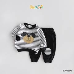 BỘ COTTON KẺ NGANG DÀI TAY IN HÌNH CHÚ CHÓ ĐÁP GỐI CHO BÉ