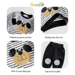 BỘ COTTON KẺ NGANG DÀI TAY IN HÌNH CHÚ CHÓ ĐÁP GỐI CHO BÉ