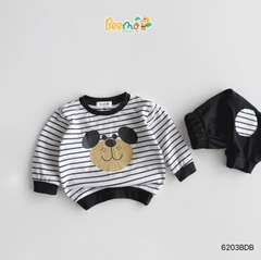 BỘ COTTON KẺ NGANG DÀI TAY IN HÌNH CHÚ CHÓ ĐÁP GỐI CHO BÉ