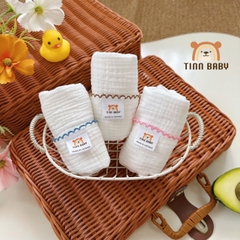 SET KHĂN SỮA, KHĂN MẶT XÔ MUSLIN TONE TRẮNG VIỀN RODE CHO BÉ