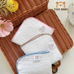 SET KHĂN SỮA, KHĂN MẶT XÔ MUSLIN TONE TRẮNG VIỀN RODE CHO BÉ
