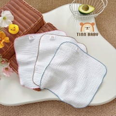 SET KHĂN SỮA, KHĂN MẶT XÔ MUSLIN TONE TRẮNG VIỀN RODE CHO BÉ