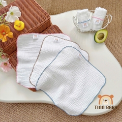 SET KHĂN SỮA, KHĂN MẶT XÔ MUSLIN TONE TRẮNG VIỀN RODE CHO BÉ