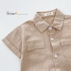 ÁO SƠ MI CỘC TAY CỔ ĐỨC 2 TÚI NGỰC CHO BÉ