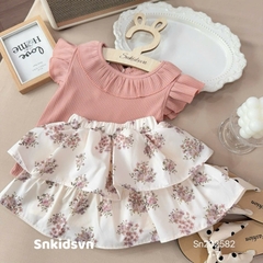 SET ÁO THUN GÂN HỒNG CAM MIX CHÂN VÁY HOA