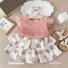 SET ÁO THUN GÂN HỒNG CAM MIX CHÂN VÁY HOA