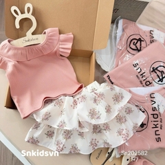 SET ÁO THUN GÂN HỒNG CAM MIX CHÂN VÁY HOA