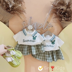 SET ÁO POLO SUMMER MIX CHÂN VÁY KẺ CHO BÉ