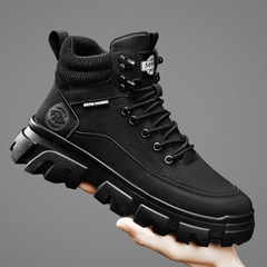 Giày Boot Martin Cổ Thấp G01 Da Đen Đế Răng Cưa Phong Cách Cá Tính Bản To Dày 4cm Cá Tính Cho Nam