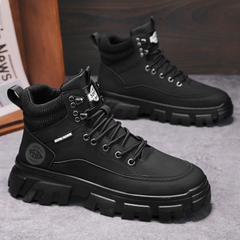 Giày Boot Martin Cổ Thấp G01 Da Đen Đế Răng Cưa Phong Cách Cá Tính Bản To Dày 4cm Cá Tính Cho Nam