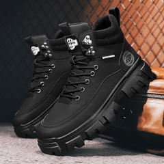 Giày Boot Martin Cổ Thấp G01 Da Đen Đế Răng Cưa Phong Cách Cá Tính Bản To Dày 4cm Cá Tính Cho Nam