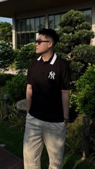 2126 - Áo Polo New Era NY Đen Cổ Trắng Viền Nâu [HÀNG CHÍNH HÃNG]