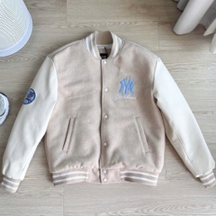 2025 - Áo Bomber New Era Nỉ Varsity NY New York Yankee Be - Chữ Xanh [HÀNG CHÍNH HÃNG]