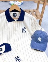 2161 - Áo Polo New Era NY Trắng Kem Sọc Xanh Navy [HÀNG CHÍNH HÃNG]