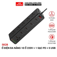 Ổ cắm điện đa năng SK28 chính hãng Drapow 10 ổ cắm điện 220v + 5 cổng usb A + 1 cổng Type C sạc nhanh PD