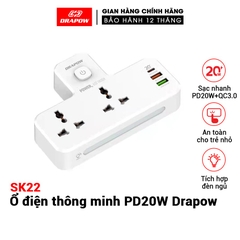 Ổ điện thông minh DRAPOW SK22 Sạc nhanh USB-C 20W PD cổng QC 3.0 18w ,2 ổ 220v IP 11 12 pro max x xs