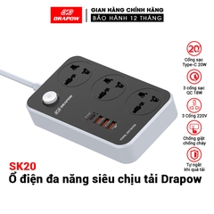 Ổ điện thông minh DRAPOW SK20 Sạc nhanh USB-C 20W PD cho iPhone iPad /3 cổng QC 3.0 18w ,3 ổ 220v IP 11 12 pro max