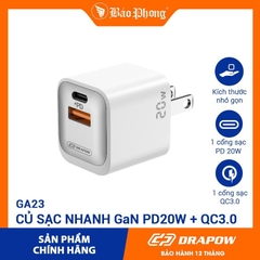 Củ sạc nhanh PD 20W + QC3.0 GA23 chính hãng Drapow