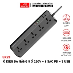 Ổ điện đa năng SK29 5 ổ cắm 220v kèm 1 sạc nhanh PD và 3 cổng USB A chính hãng Drapow