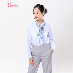 Áo sơ mi xanh cổ bèo thắt nơ duyên dáng phong cách công sở