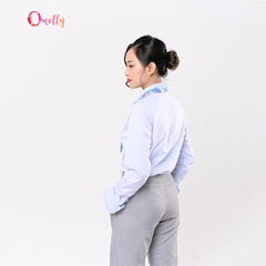 Áo sơ mi xanh cổ bèo thắt nơ duyên dáng phong cách công sở